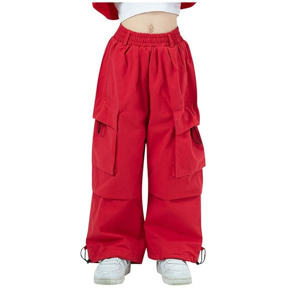 Atogsazn Kids Girls Baggy Cargo Sweatpant Children's Casual Lightweight Windbreaker Pants with Pocket Jogger Trousers Red 3-4 Years Fashion
