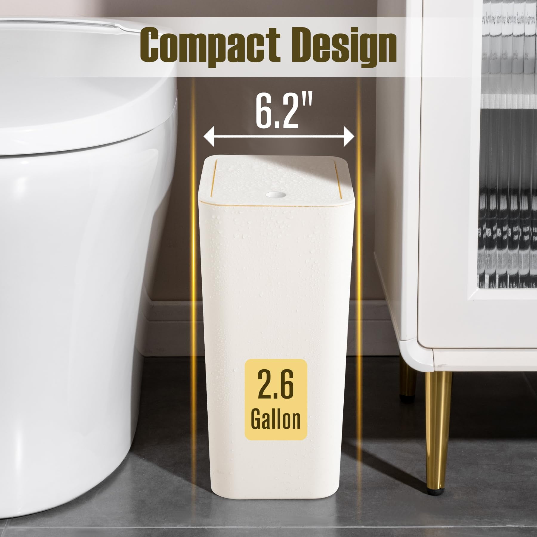 TrashAid Bathroom Trash Can with Lid, 2.6 Gallon / 10 Liter Small Garbage Can with Press Top Lid, Plastic Wastebasket with Pop-up Lid for Toilet, Office, Bedroom, Living Room, White