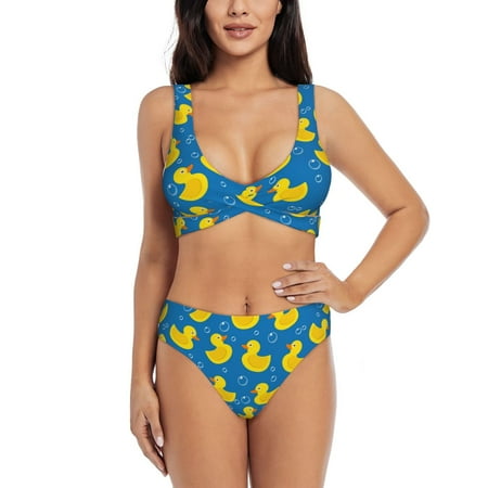 Zeuib Rubber Duck High Waisted Tummy Control Bikini Set - Knot Front Push Up Top & Cheeky Thong Bottom  Two-Piece Swimsuit for Women-XX-Large