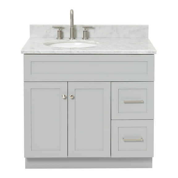 Ariel Hamlet 37 In. Left Offset Oval Sink Vanity With 0.75 In. Carrara White Countertop In Grey