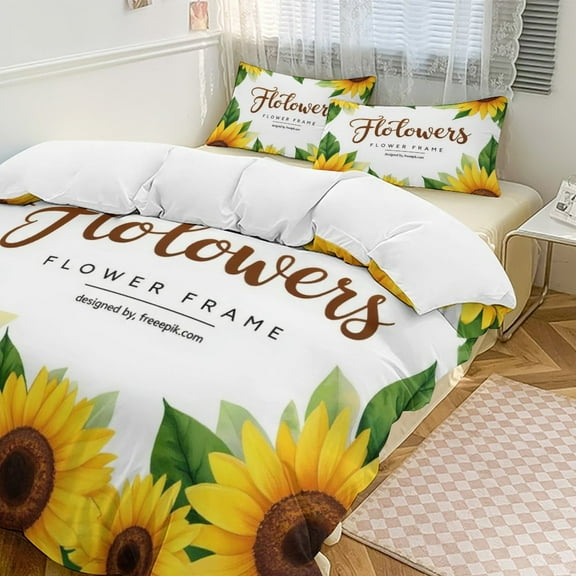 Sunflower Floral Frame Design Set Duvet Cover Themed Multicolor Polyester Bedding Set Duvet Cover for Twin Size