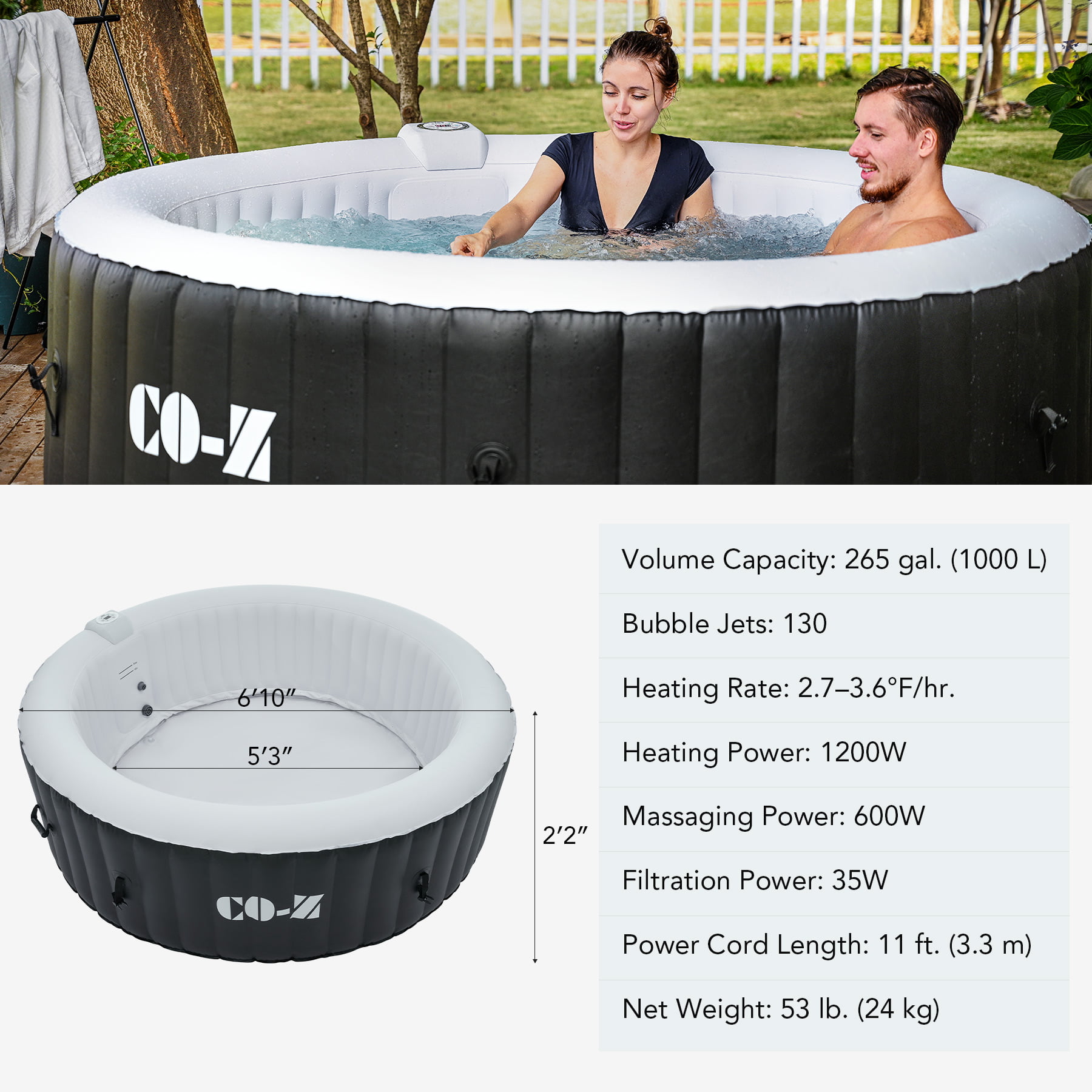 6 Person Blow Up Portable Hot Tub with 130 Bubble Jets Cover Grey CO-Z Inflatable Hot Tub 7' Outdoor Above Ground Pool and Bathtub with Electric Air Pump for Patio Backyard 