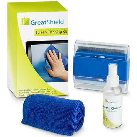 GreatShield LCD Touch Screen Cleaning Kit with Microfiber Cloth, Brush, Cleaner Wipes Spray Solution for Laptops, PC monitors, Smartphones, Tablets, iPhone, iPad, LED, TVs, DSLR Cameras, (Best Cleaning Cloth For Iphone)