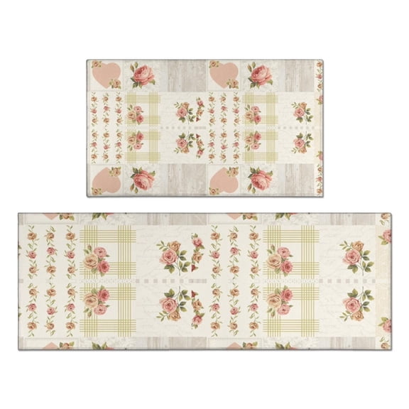 Brythos Farmhouse Plaid Rose Kitchen Rugs 2 Pack, Waterproof Anti-Fatigue Non-Slip Cushioned Floor Mats