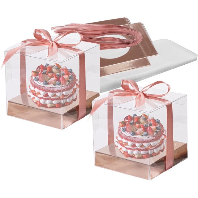SINGOMON 24PCS Clear Boxes Small Gift Boxes Plastic Boxes 3 Inch Cupcake Boxes with Rose Gold Ribbon and Cupcake Insert Cup Cake Boxes Cupcake Holders Cupcake Carrier Macaron Boxes Baking Boxes
