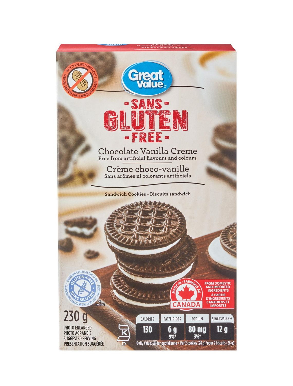 Great Value Gluten Free Chocolate Vanilla Crème Sandwich Cookies, 230 g