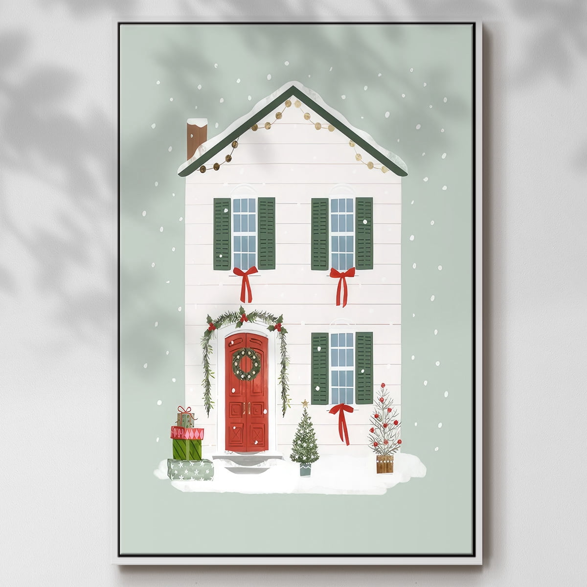 Festive Front Door III - Framed Gallery Wrapped Holiday Canvas - 27 x 41 - White Frame
