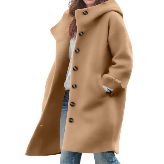 Kukoosong Women's Winter Wool Coats, Casual Solid Color Peacoats, Long Sleeve Button Hooded Woolen Coat Jacket with Pocket