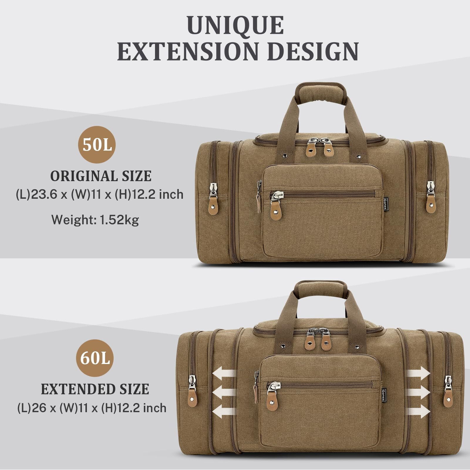 Gonex 60L Canvas Duffel Bags 26" Expandable Travel Overnight Weekender Bag for Men Women