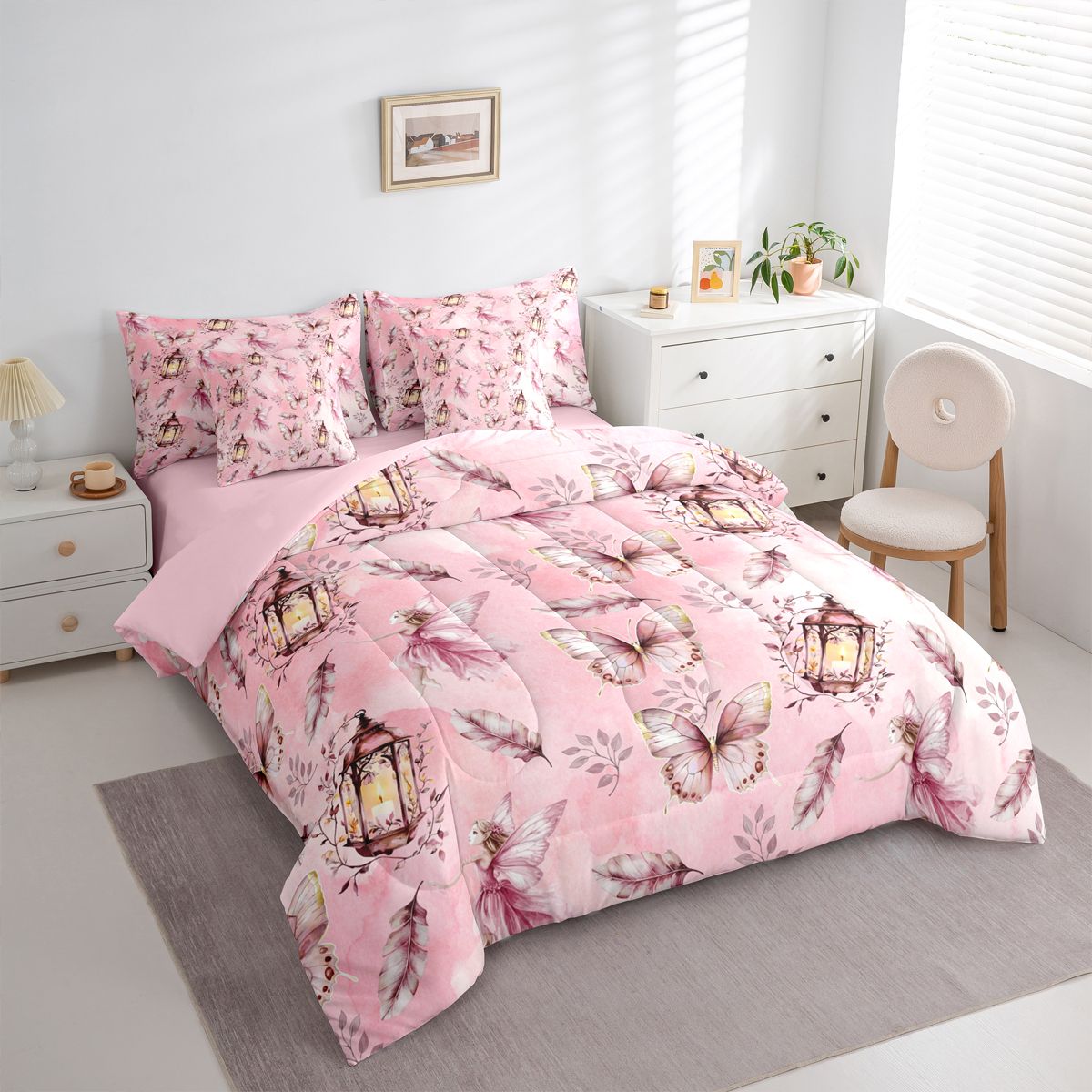 Homewish Flying Pink Butterflies 7pcs Bedding Comforter Set For Teens Girls Adults Female,Dreamy Princess Queen Bedding Sets Super Cozy,Cartoon Fairy Elf Queen Sheet Sets,Super Cozy Room Decor