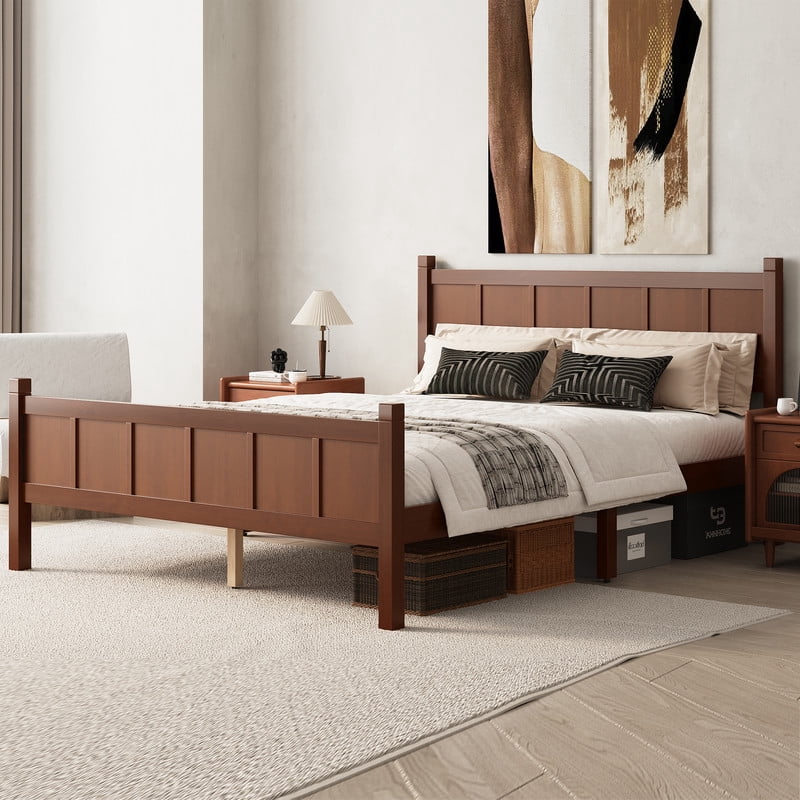 Queen Size Farmhouse Platform Bed with Flat Panel Designed Headboard & Footboard, Minimalist Wood Bed Frame with Under-Bed Storage
