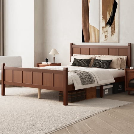 Mirightone Wood Bed Frame Queen, Wood Bed Frame with Headboard & Footboard, Farmhouse Shaker Beds with Wood Grain Finish for Bedroom, Guest Rooms,Dark Walnut