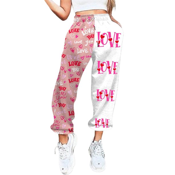 Gibobby Pantalones holgados de chándal con estampado del día de San Valentín para mujer, bolsillos, cintura alta, deportivos, gimnasio, ajuste atlético, pantalones de jogging (Blanco, L)