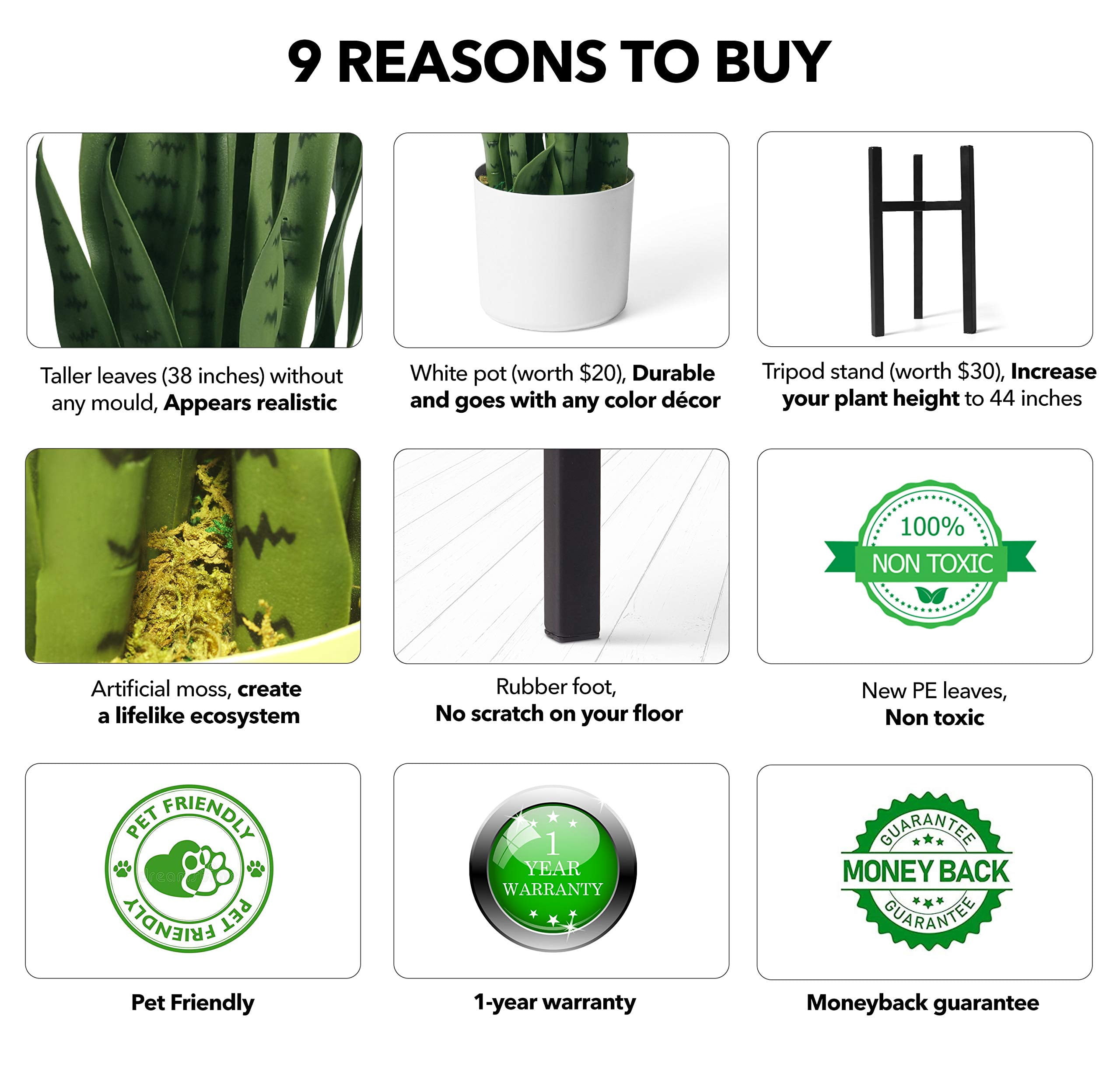 flybold Faux Snake Plant, Large Sansevieria with Durable Pot, Indoor Decor, 36 Inch