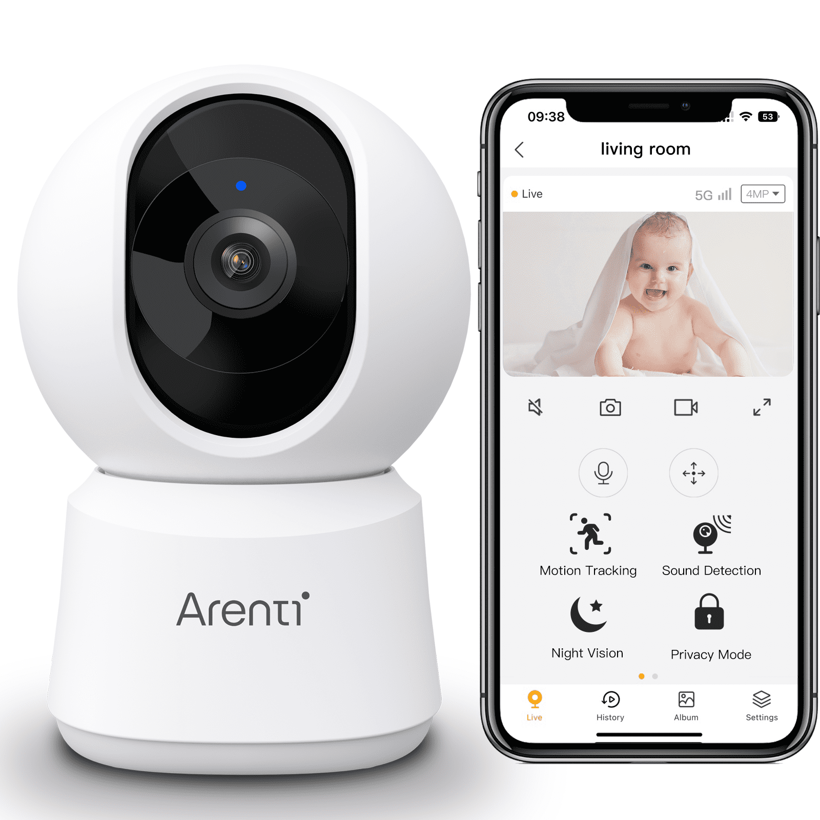 ARENTI 5G WiFi Security Camera Indoor, 4MP Baby Monitor with Phone App