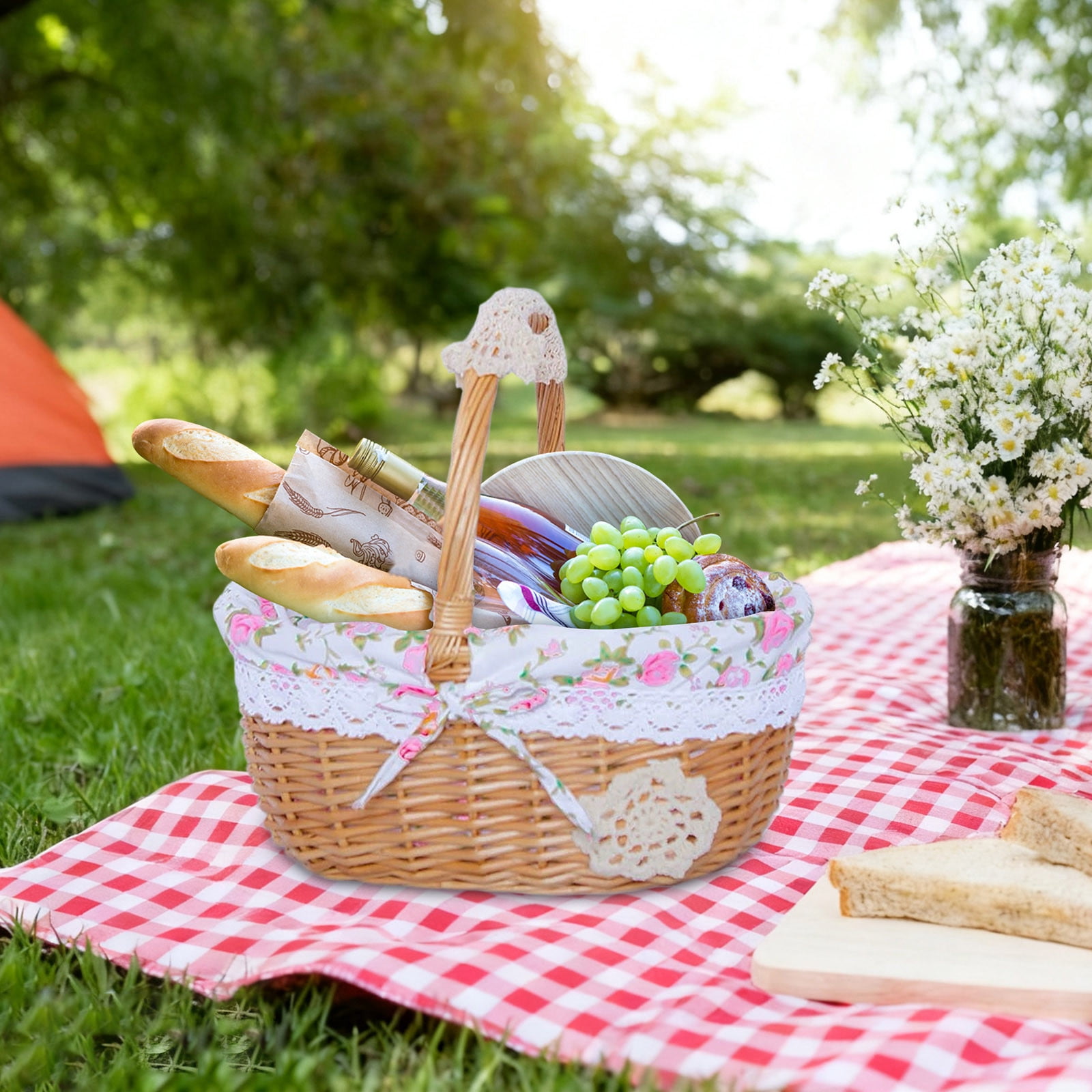 Wicker Picnic Basket with Removable Floral Liner, Suitable for Weddings, Holidays, Gardening, Valentine's Day, Easter, Parties, Celebrations, Oval Picnic Camping Outdoor Basket, 9.8 x 7.8 x 10.2 in