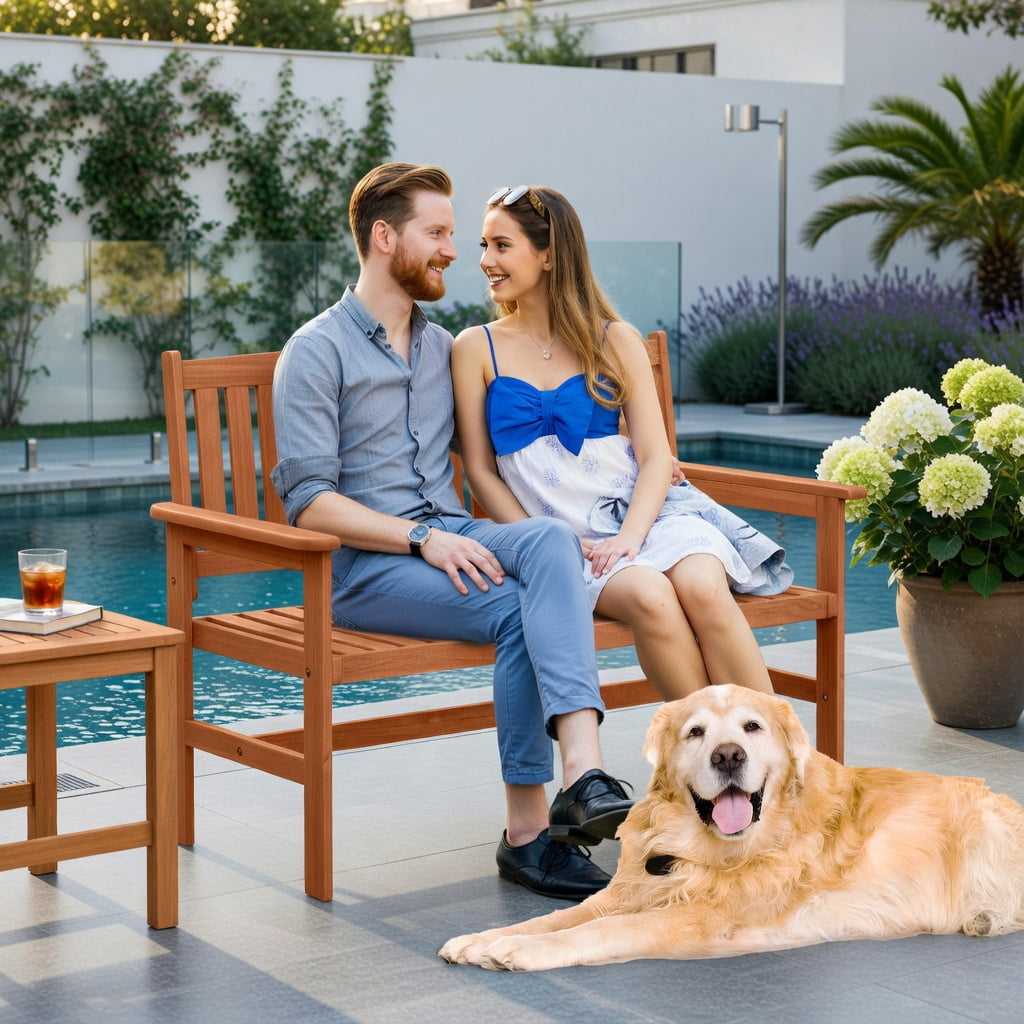 Hommoo 2-Person Solid Wood Patio Loveseat with Slatted Backrest, Ergonomic Curved Seat & Supportive Armrests for Porch, Backyard & Outdoor Living, Natural