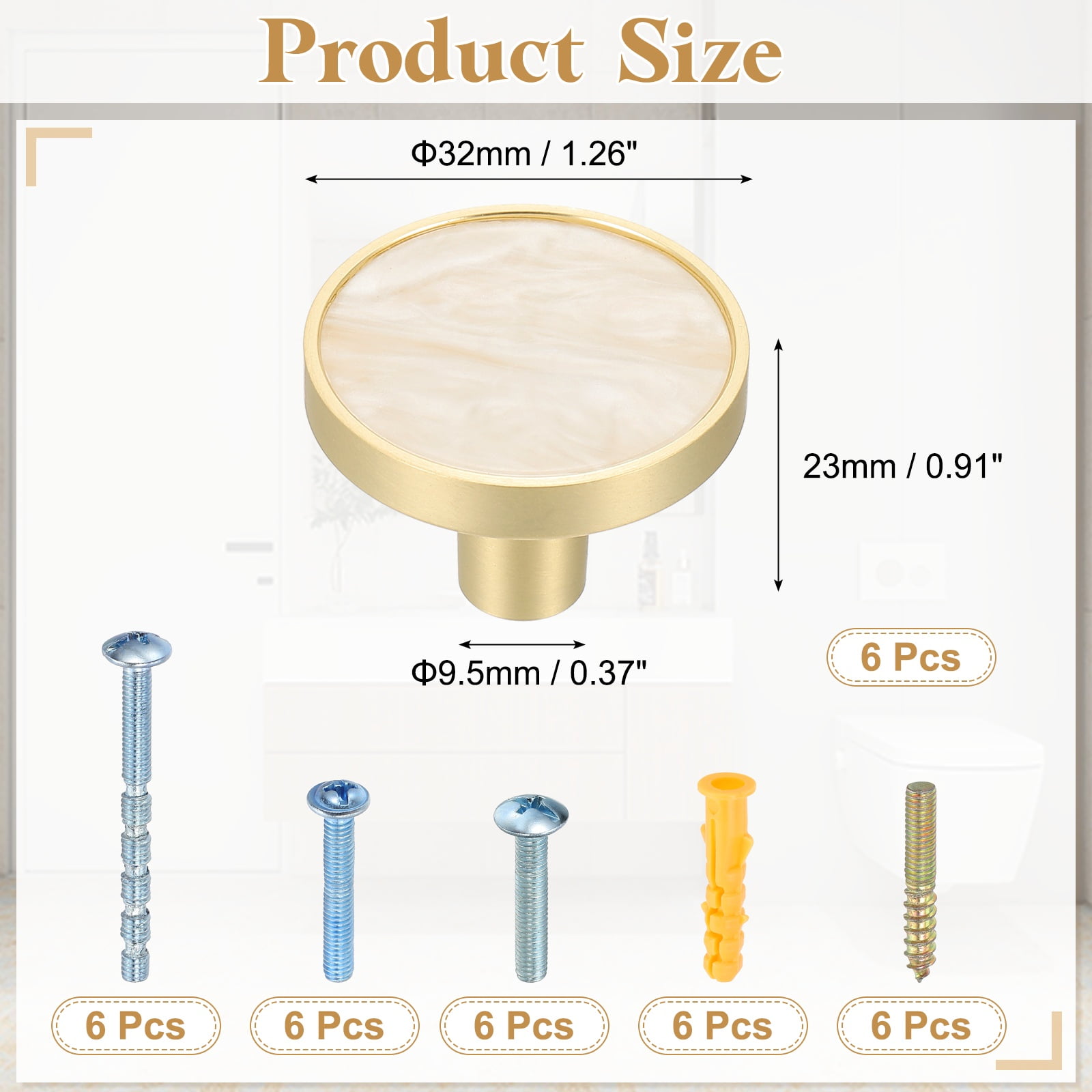 6Pack Gold Cabinet Knobs 1-1/4" Round Knobs Cabinet Handles, Snow White
