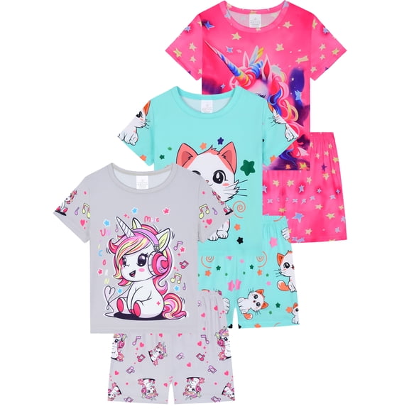 WIBACKER 3-12Y Girls 2 PCS Short Sleeve Pajamas Set Kids Unicorn Summer Sleepwear Toddler Girls Pjs Jammies