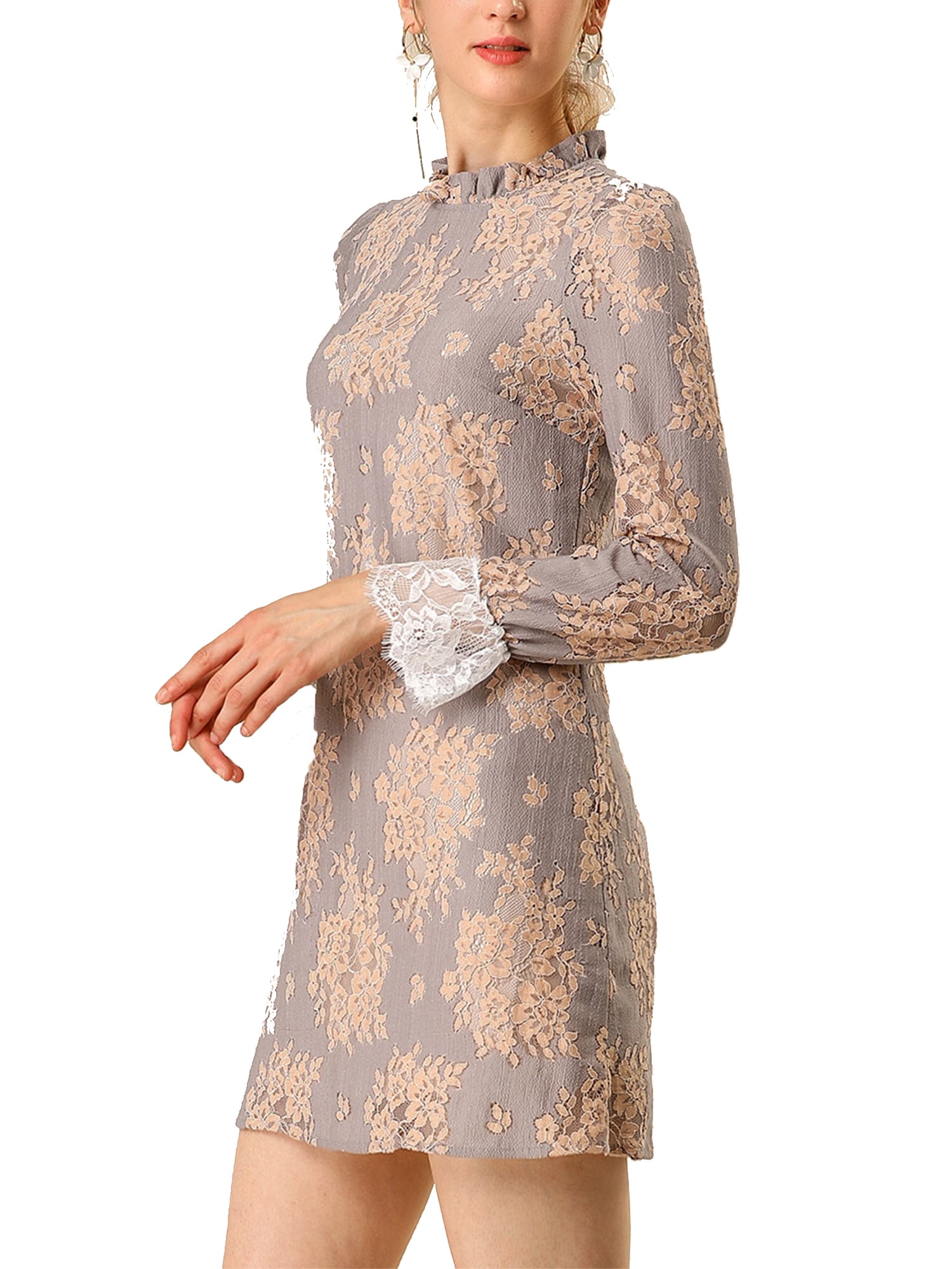DARING DIVA Floral Ruffle Crew Neck Vintage Mini Lace Dress L Grey Pink