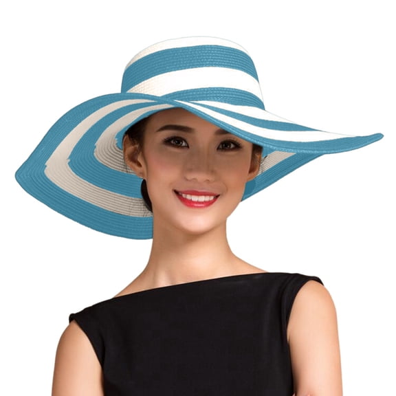 YAYUBA Women's Summer Sun Hat Wide Brim Straw Beach Hat Casual Outdoor Striped Design,Blue