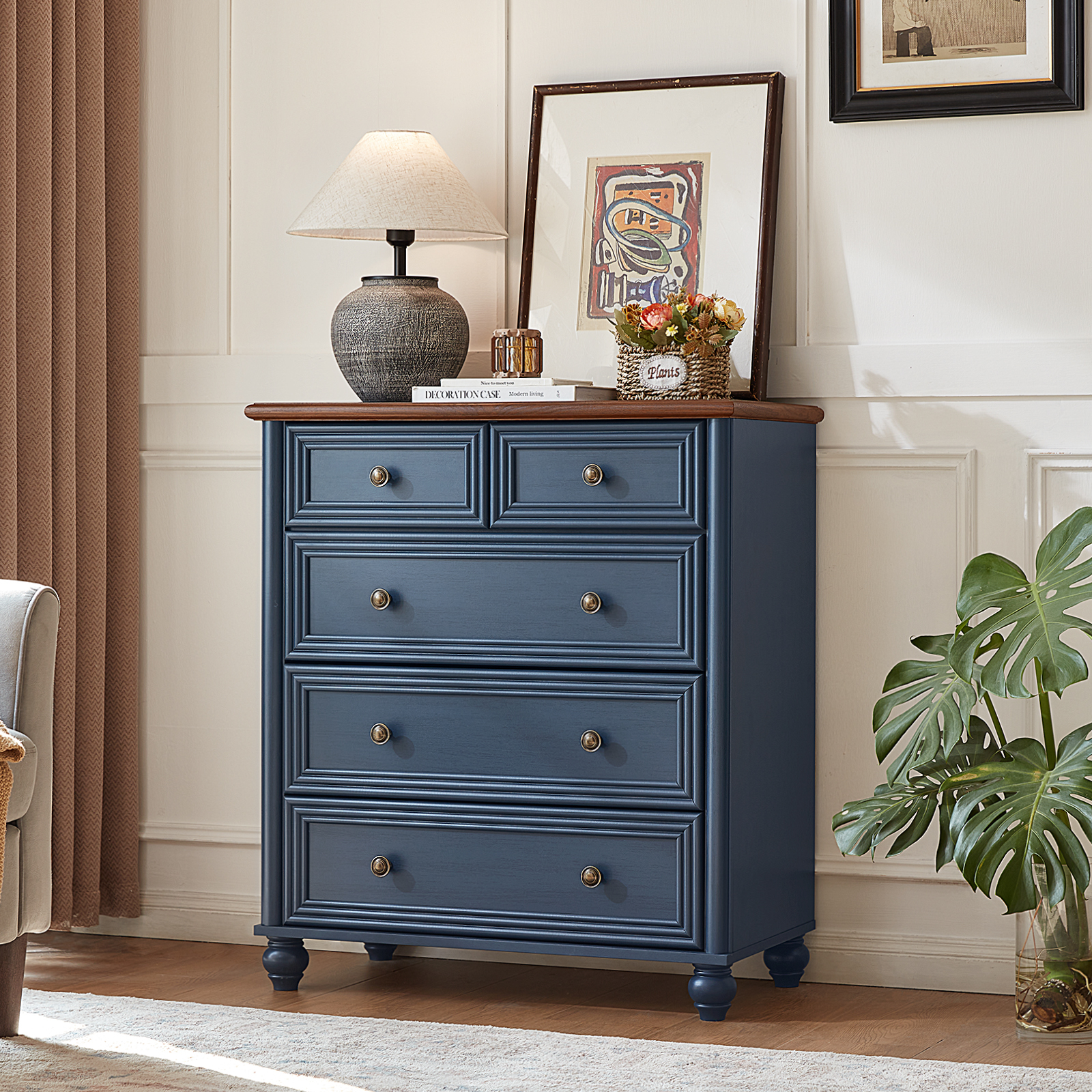 LELELINKY Dresser with 5 Drawers, Wood Tall Chest, Built-in Handle Drawers for Bedroom, Home, Living Room, Hallway - Blue