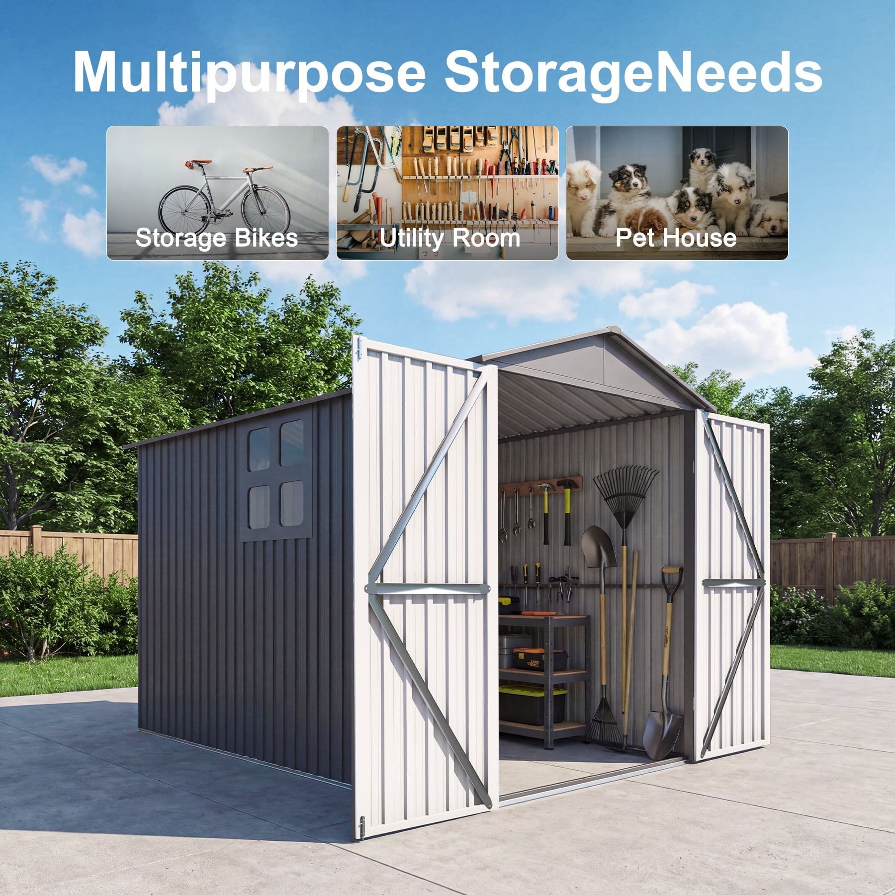 Chery Industrial Outdoor Metal Motorcycle Storage Shed with Window ,without Tracks & Fixtures,Grey&White