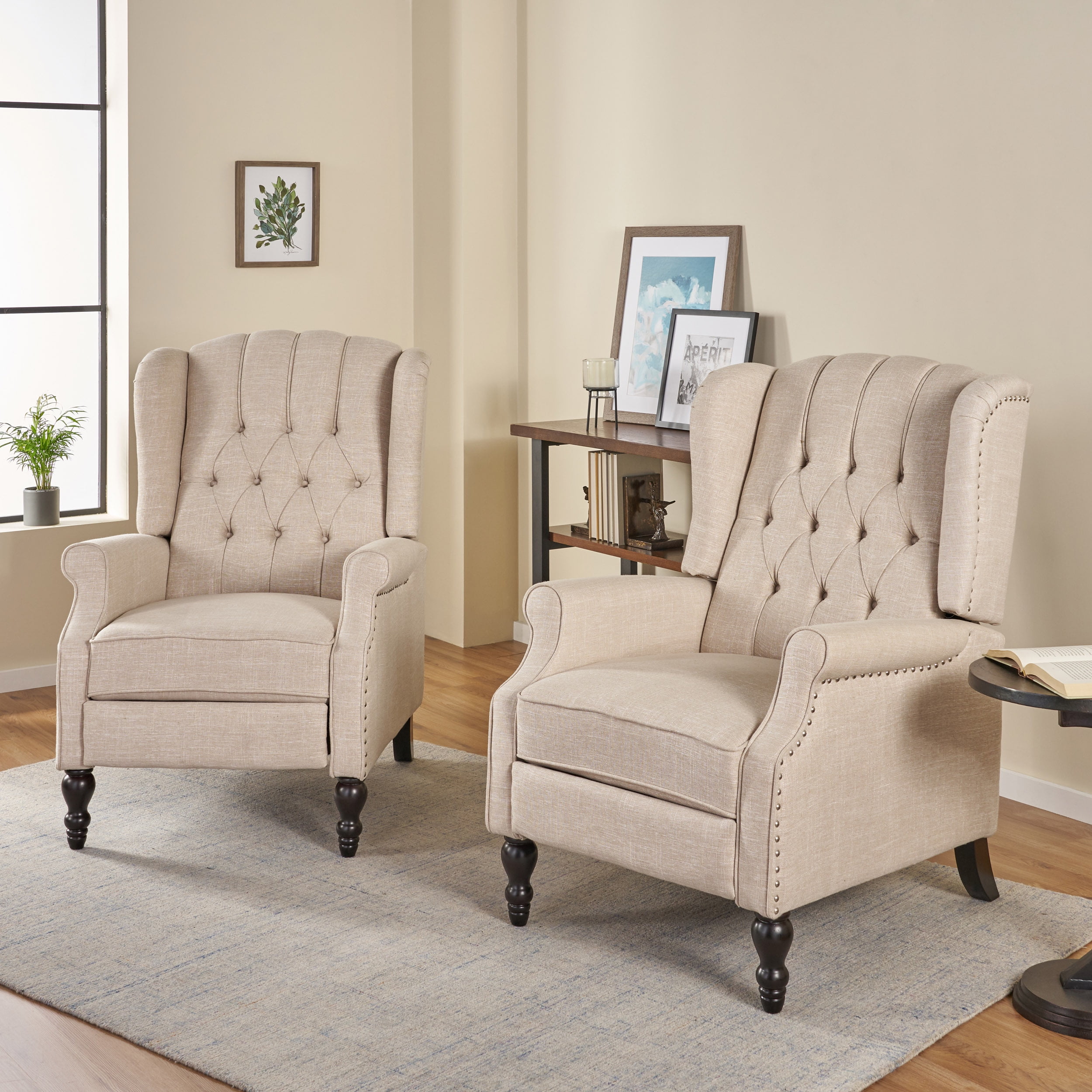 Noble House Walter Wingback Fabric Recliner Set of 2, Beige