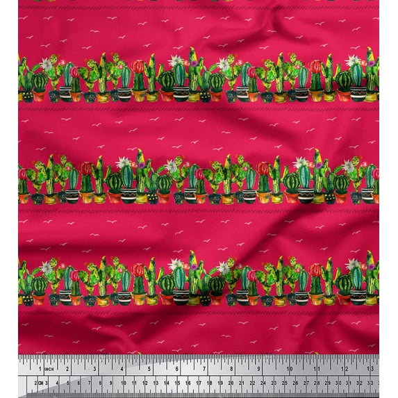 Soimoi Pink Heavy Satin Fabric Cactus With Conical Pot Tree Fabric Prints By Yard 56 Inch Wide
