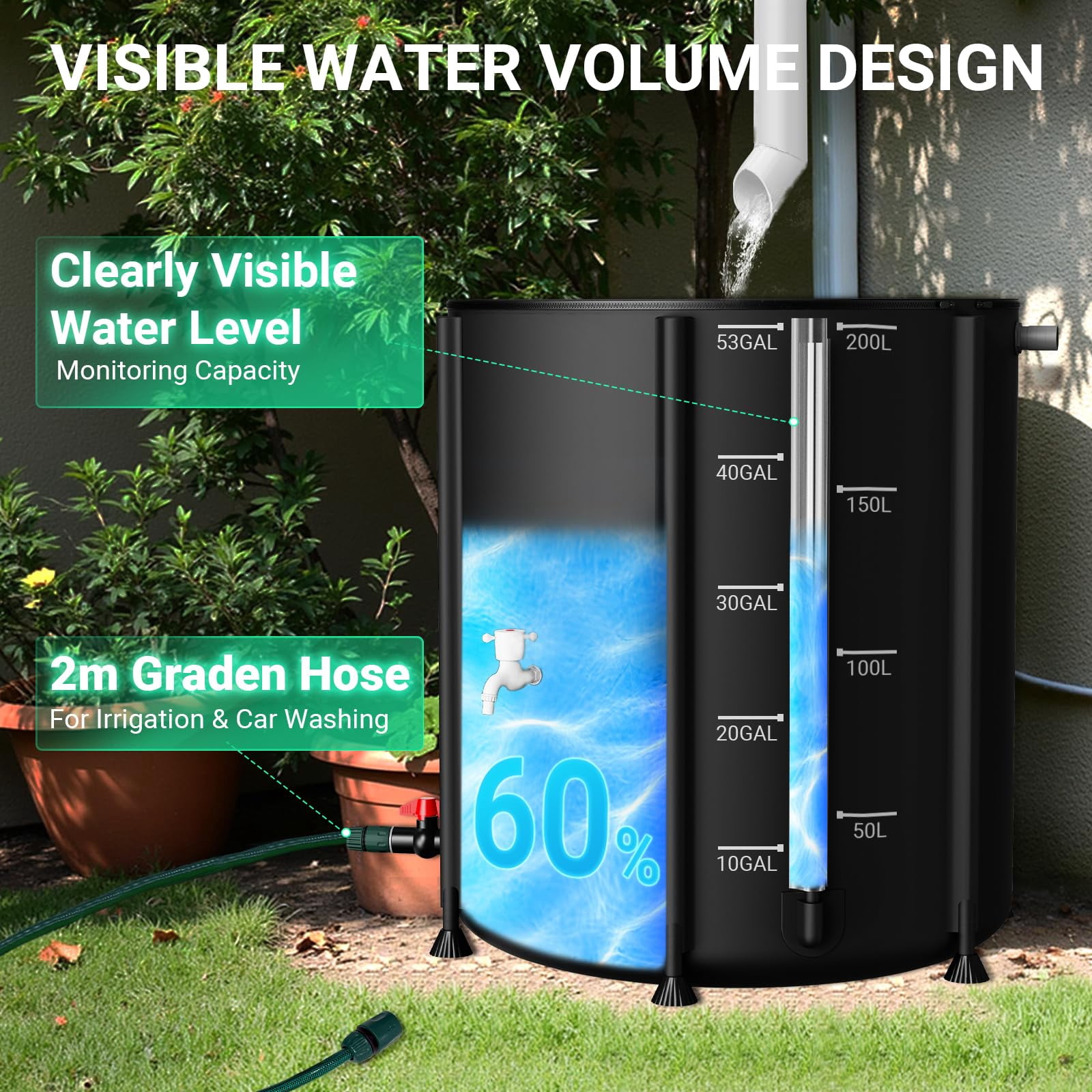 53 Gallon Collapsible Rain Barrel 1000D Rainwater Collection Storage Tank with Garden Hose