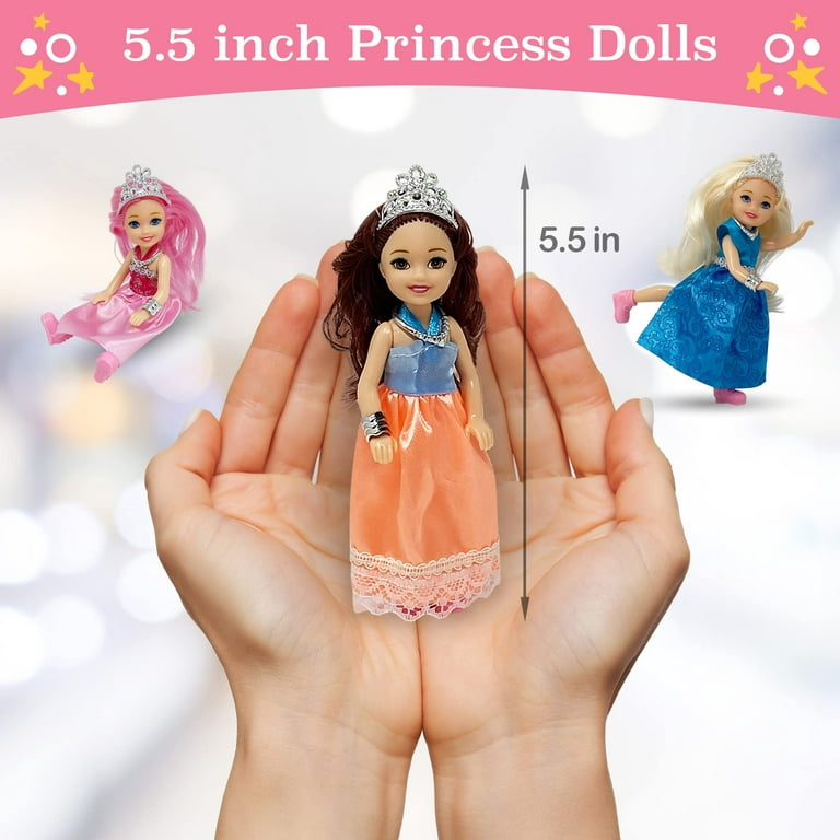 Little Dolls Set with Mini Princess Dolls for Girls – Princess Toy Dolls  for Dollhouse – Small Doll Mini Princess Figures with Tiaras, Hair