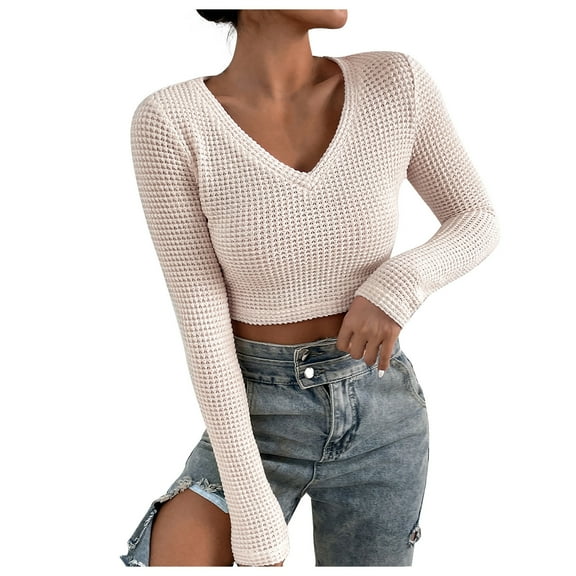 HAiming Women's V Neck Long Sleeve Shirts Summer Casual Solid Color Ribbed Knit Slim Pullover Crop Tops Blouse