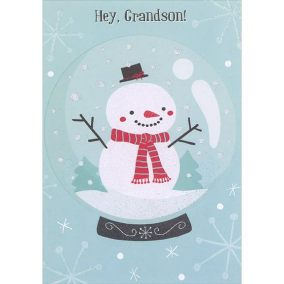 Designer Greetings Smiling Snowman with Floating Hat in Snow Globe on Light Blue Juvenile Christmas Card for Young Grandson