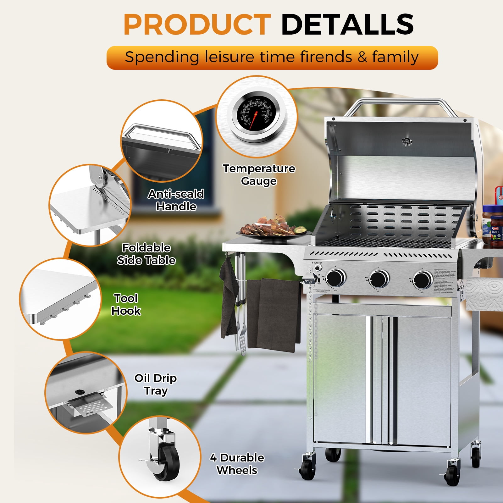 KNDKO 3-Burner Propane Gas Grill, 24,000 BTU Stainless Steel BBQ Grill with Foldable Shelf for Outdoor Barbecue and Cooking