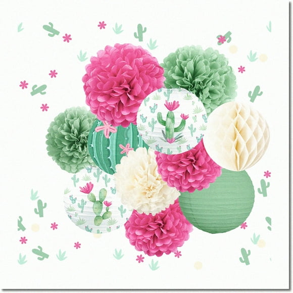 Cactus Bliss Party Pack - 12PCS Hanging Tissue Pom Poms, Paper Lanterns, Confetti 50G. Perfect for Rustic Wedding, Baby Shower, Engagement, Birthday Decorations.