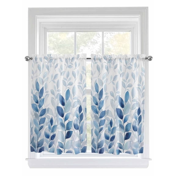 Kitchen Curtains 54 Inches length, Blue Leaf Window Treatment Curtain Drapes, Watercolor Country Plant Monochrome Branch Thermal Insulated Drapes for Basement Hotel RV, 42"x54", 2 Panels