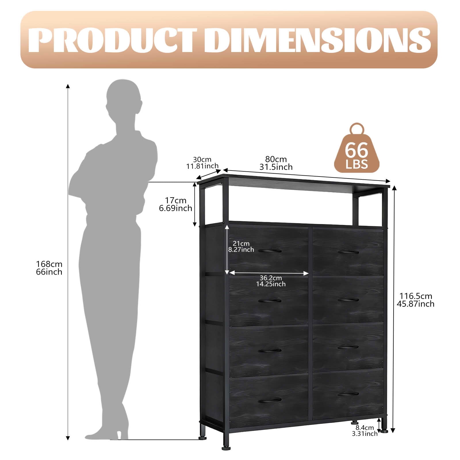 MAYEERTY 45.9-Inch 8-Drawer Fabric Dresser, Tall Storage Cabinet with Open Shelf for Bedroom Closet