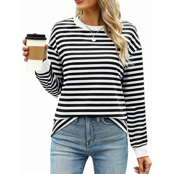 Womens Tunic Tops Long Sleeve Striped Shirts Crewneck Tops Black & White L