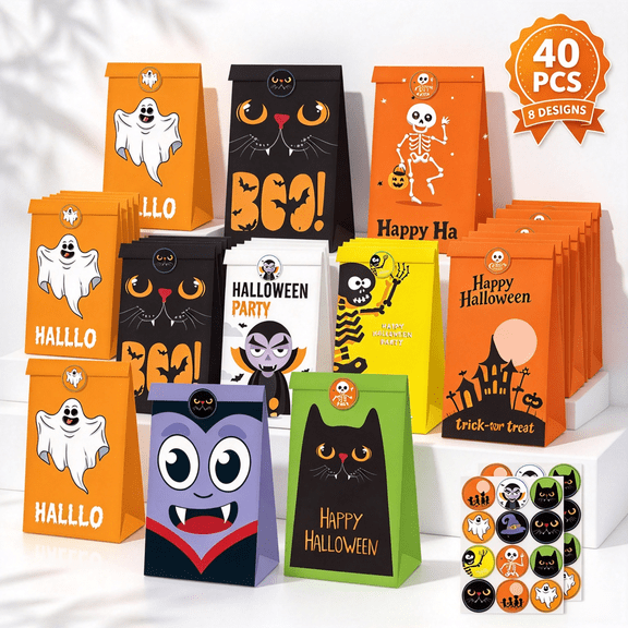 Halloween Treat Bags with Stickers, Halloween Goodie Bags, Candy Gift Bags for Kids Trick or Treat Party Favors, 40Pcs