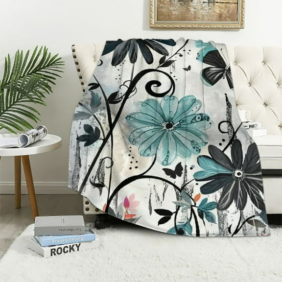 Nawypu Rustic Farmhouse Throw Blankets, Farm Teal Daisy Floral Flowers Butterfly on Country Wooden Cozy Warm Bed Couch Blanket, Turquoise Blue White Flannel Throws to Decorate Room and Bedroom