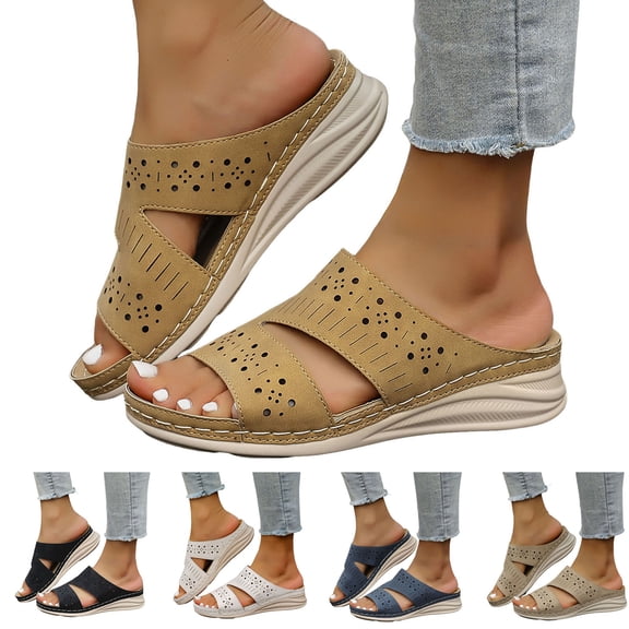 Dakaela Orthopedic Wedge Sandals for Women 2026 Comfortable Hollow out Bohemian Platform Summer Beach Slip on Slides with Arch Support Black 6