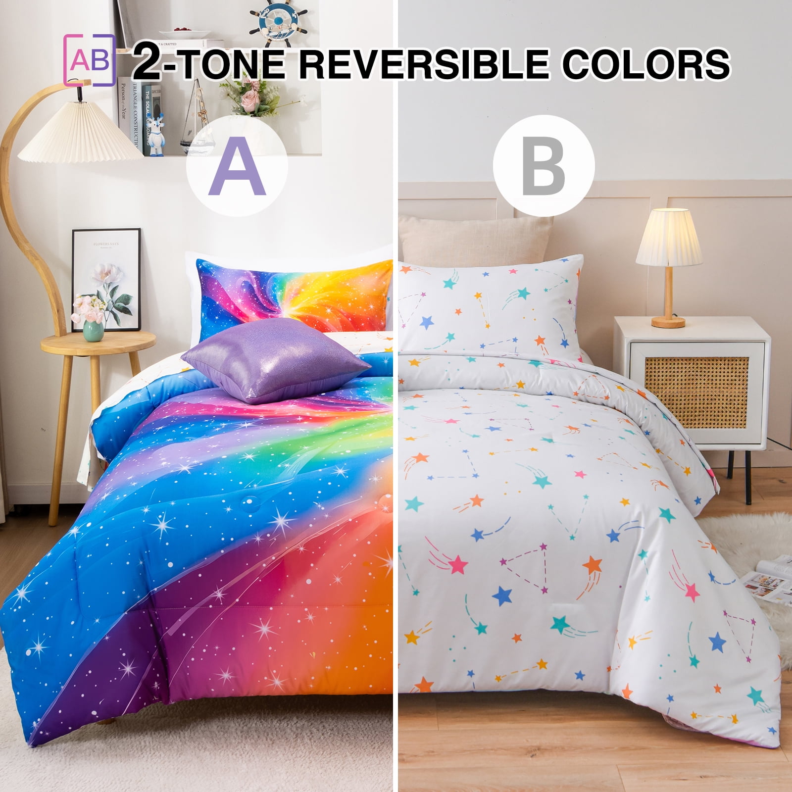 Btargot 6 Piece Galaxy Girl Comforter Set Twin Colorful Gradient Glitter Rainbow Bedding Set