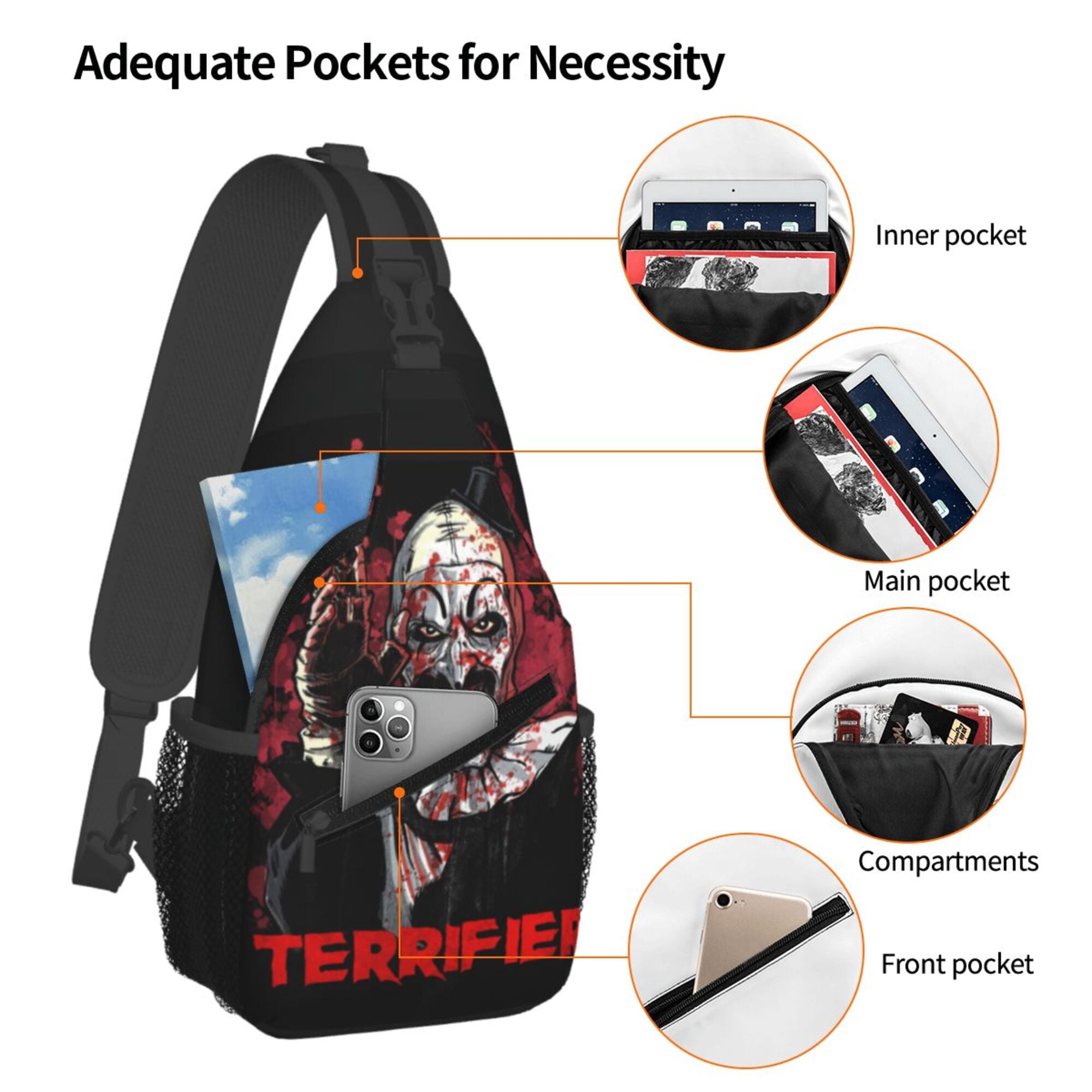 Terrifier 2 Sling Backpack Crossbody Shoulder Bags for Men Women Small Daypacks Chest Bag Hiking Travel Sport Climbing Runners