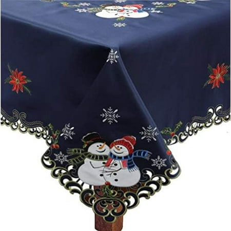 

Holiday Christmas Tablecloth 68 Square With 8 Napkins Embroidered Snowman Snowflake Poinsettia Winter Table Linen Blue