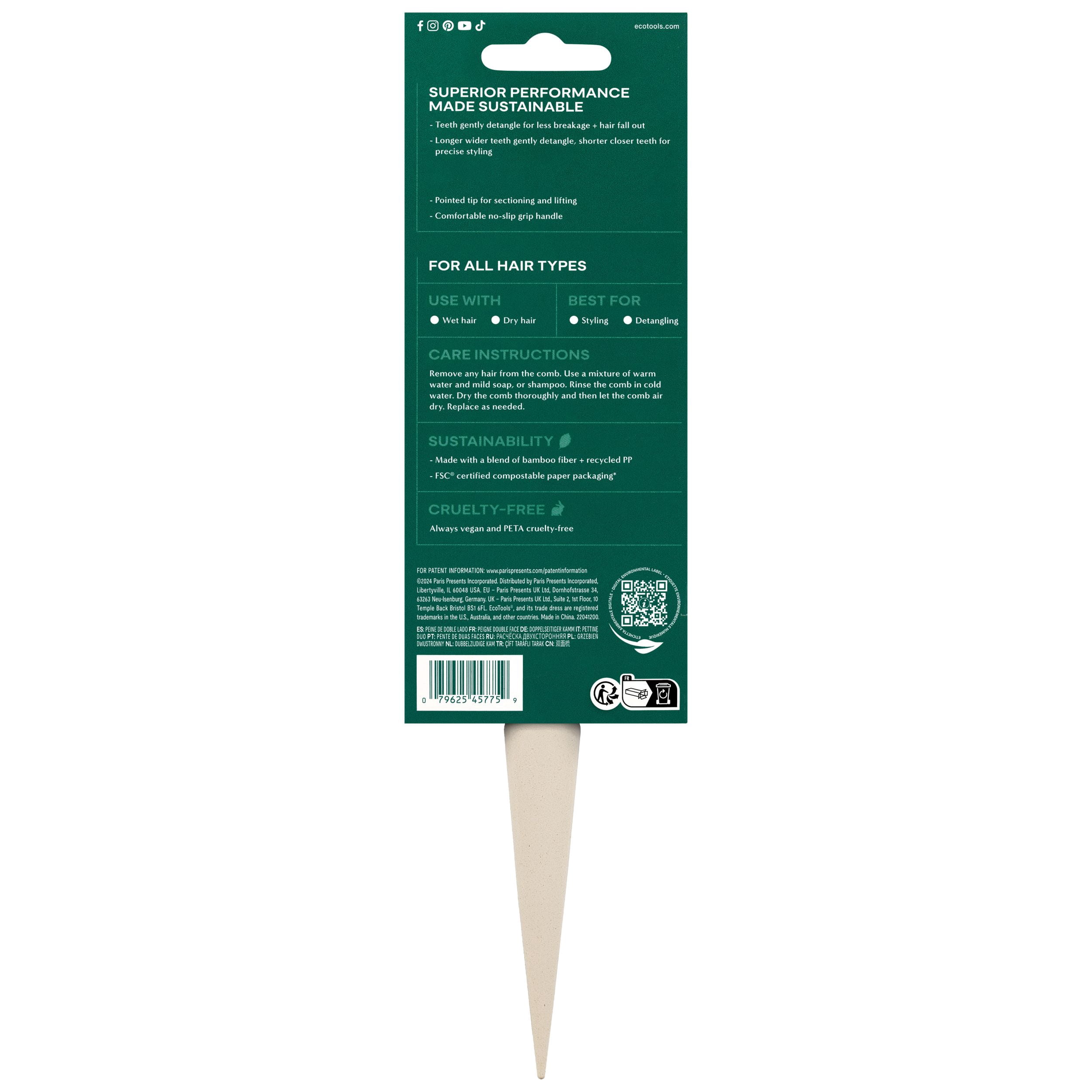 EcoTools Double-Sided Bamboo Hair Comb for Detangling and Styling