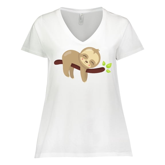 Inktastic Cute Sloth, Baby Sloth, Lazy Sloth, Sleeping Sloth Women's Plus Size V-Neck T-Shirt