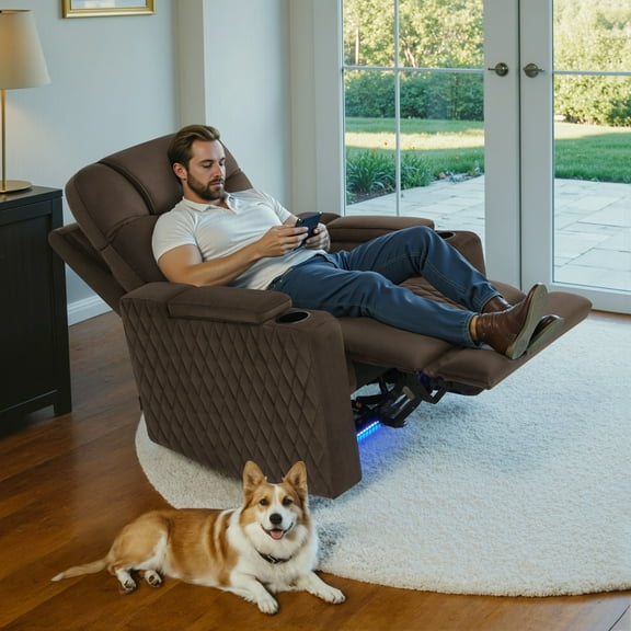 MCombo Power Recliner Chair with Power Headrest, LED Light, Armrest Storage for Living Room & Home Theater, Velvet, Brown