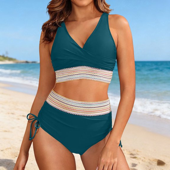 Women High Waisted Bikini Sets Two Piece Swimsuit for Women Tummy Control Swimsuits Color Block Drawstring Bathing Suit