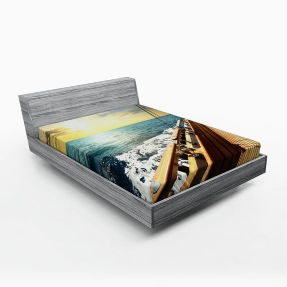 Ambesonne Nautical Fitted Sheet, Sailboat Sunset Sea, Queen Size, Cream and Blue