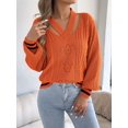 thumbnail image 6 of Women Vintage Knit V-Neck Hollow Contrast Stripe Lantern Long Sleeve Loose Knit Pullover Sweater Orange XL, 6 of 10